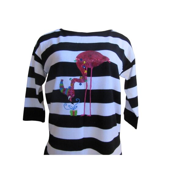 Vintage Lauren Michelle BW Striped Sweater w Sequin Pink Flamingo Design S - Picture 2 of 7